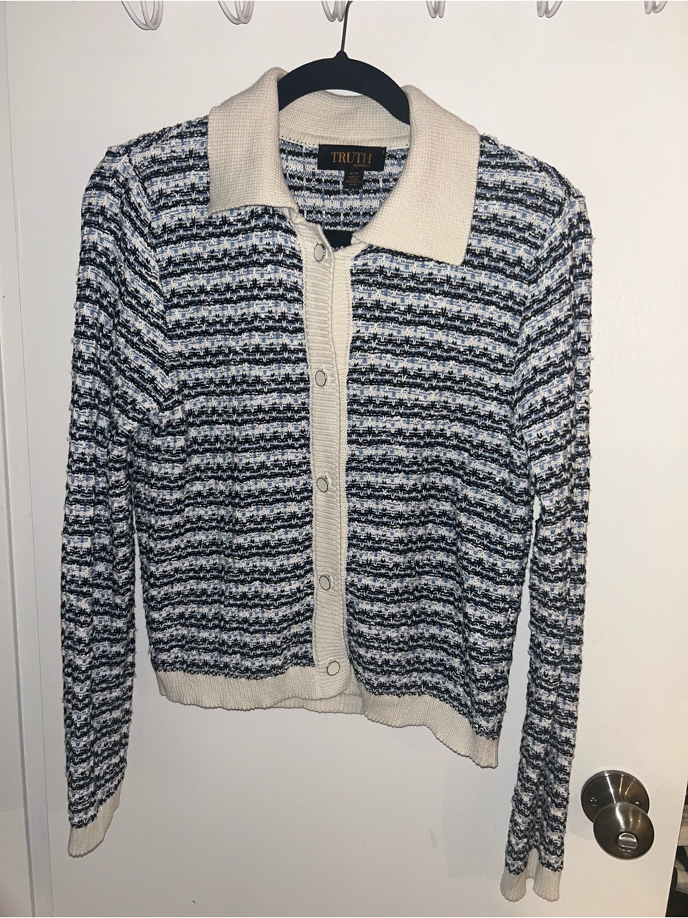 TRUTH Cream Collared Black & White Striped Cardigan
